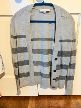 LOFT Gray Striped Button-Front Cardigan